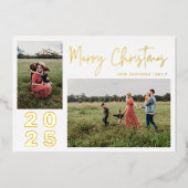 スクリプトメリークリスマス2家族の写真金ゴールド 箔シーズンカード (正面)
