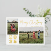 スクリプトメリークリスマス2家族の写真金ゴールド 箔シーズンカード (立ち正面)