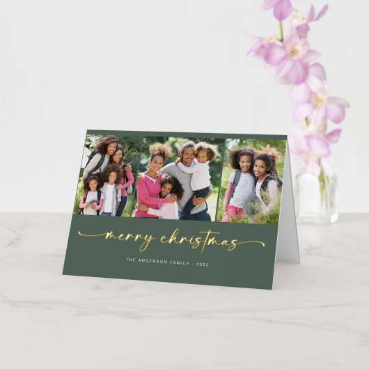 スクリプトメリークリスマス3フォトグリーン実在金ゴールド 箔シーズンカード (蘭)