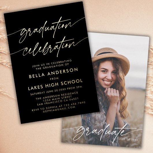 スクリプトモダンの卒業お祝いパーティー写真 箔招待状