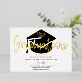 スクリプトモダンの卒業パーティ金ゴールド 箔招待状 (立ち正面)