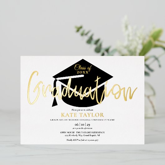 スクリプトモダンの卒業パーティ金ゴールド 箔招待状 (立ち正面)