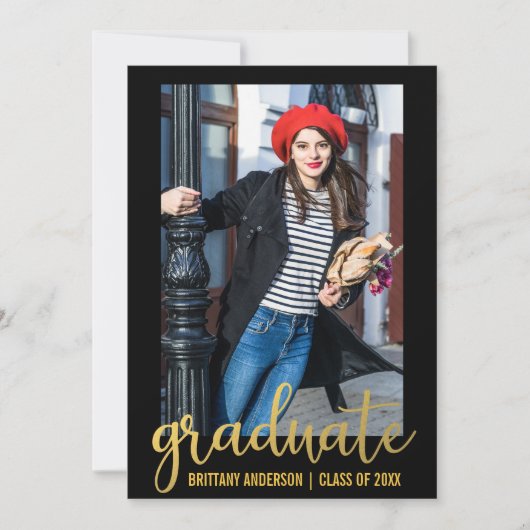 スクリプトモダンの卒業発表カード金ゴールド 案内状 (正面)