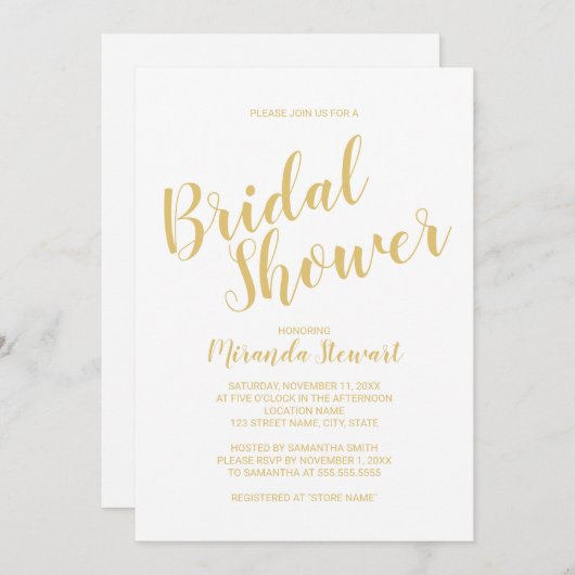 スクリプトモダンの白と金ゴールドのブライダルシャワー 招待状 (正面/裏面)