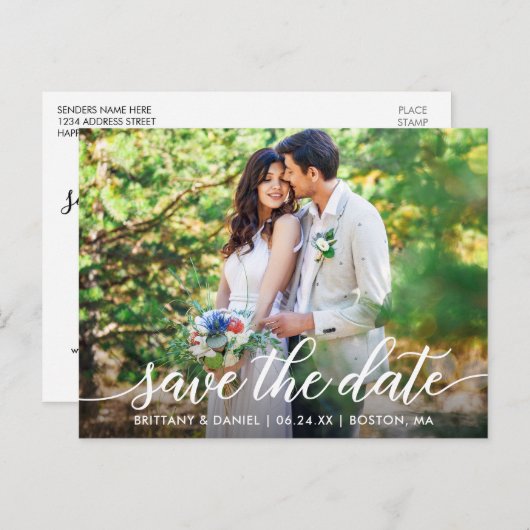 スクリプトモダンカップルの写真の日付を保存W 案内ポストカード (正面/裏面)