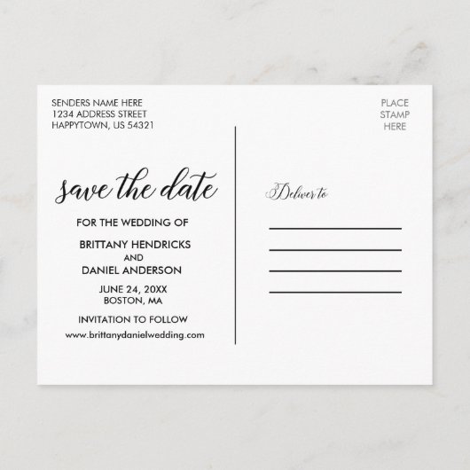 スクリプトモダンカップルの写真の日付を保存W 案内ポストカード (裏面)