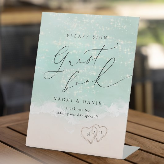 スクリプトモダンサンドハートビーチゲストブックサイン 台座サイン