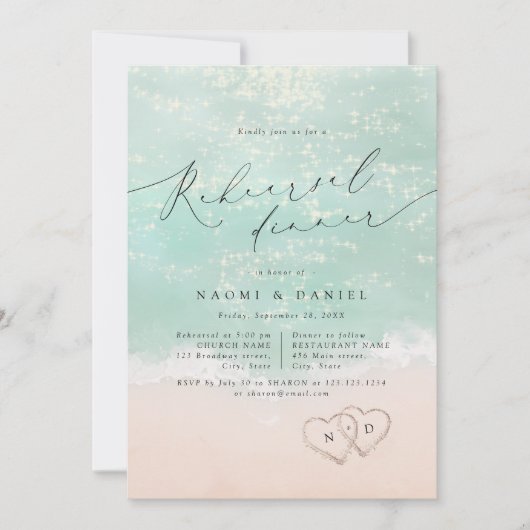 スクリプトモダンサンドハートビーチリハーサルディナー 招待状 (正面)