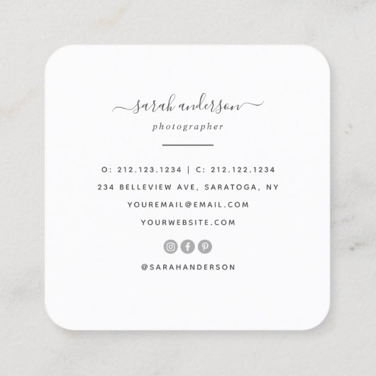 スクリプトモダンタイポグラフィフォトグラファー スクエア名刺 (裏面)