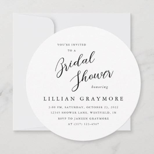 スクリプトモダンタイポグラフィブライダルシャワーラウンド 招待状 (正面)