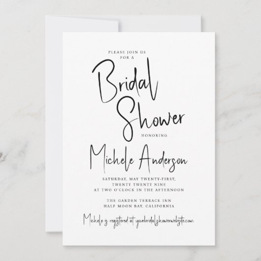 スクリプトモダンタイポグラフィブライダルシャワー 招待状 (正面)