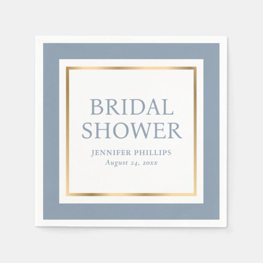 スクリプトモダンダスティブルーと金ゴールドブライダルシャワー スタンダードカクテルナプキン (正面)