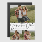 スクリプトモダントレンディー3枚の写真の日付を保存 マグネット招待状 (正面/裏面)