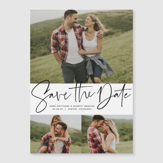 スクリプトモダントレンディー3枚の写真の日付を保存 マグネット招待状 (正面)