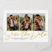 スクリプトモダントレンディー3枚の写真の日付を保存 箔招待状 (正面)