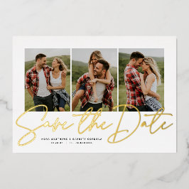 スクリプトモダントレンディー3枚の写真の日付を保存 箔招待状