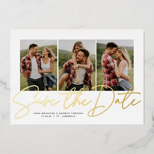 スクリプトモダントレンディー3枚の写真の日付を保存 箔招待状 (正面)