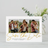 スクリプトモダントレンディー3枚の写真の日付を保存 箔招待状 (立ち正面)