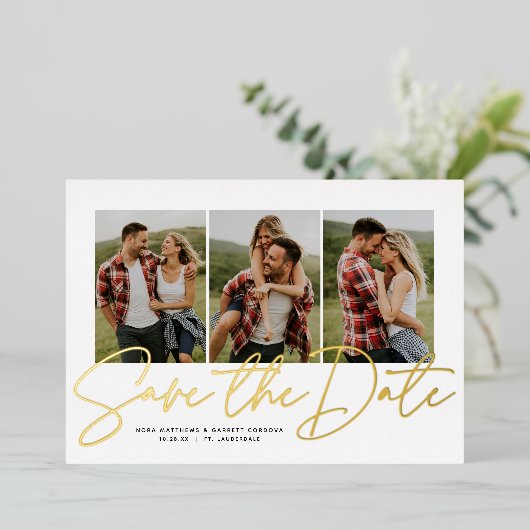 スクリプトモダントレンディー3枚の写真の日付を保存 箔招待状 (立ち正面)