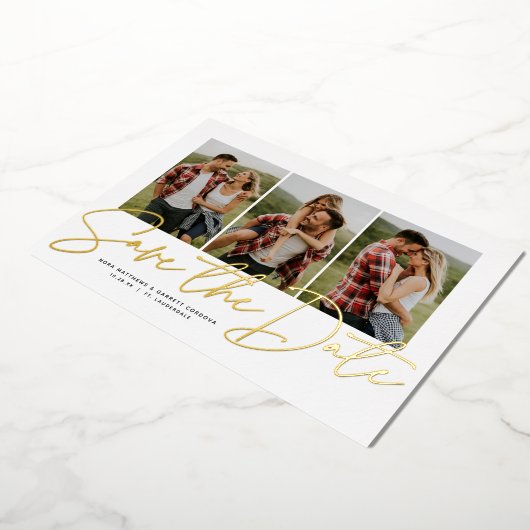 スクリプトモダントレンディー3枚の写真の日付を保存 箔招待状 (回転した状態)