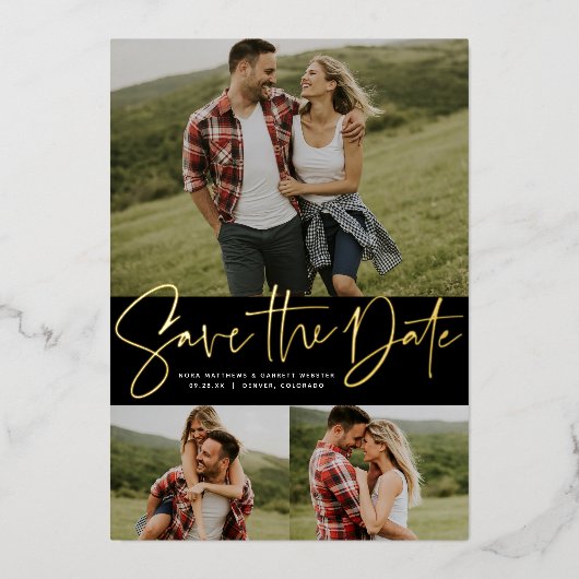 スクリプトモダントレンディー3枚の写真の日付を保存 箔招待状 (正面)