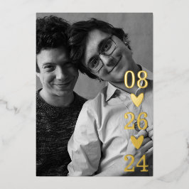 スクリプトモダンハート写真の日付の保存 箔招待状