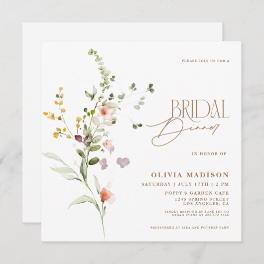 スクリプトモダンフローラガーデンブライダルディナー 招待状 (正面/裏面)