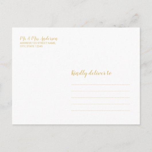 スクリプトモダンホワイトウェディングと金ゴールドウェディング日付を保存 案内ポストカード (裏面)