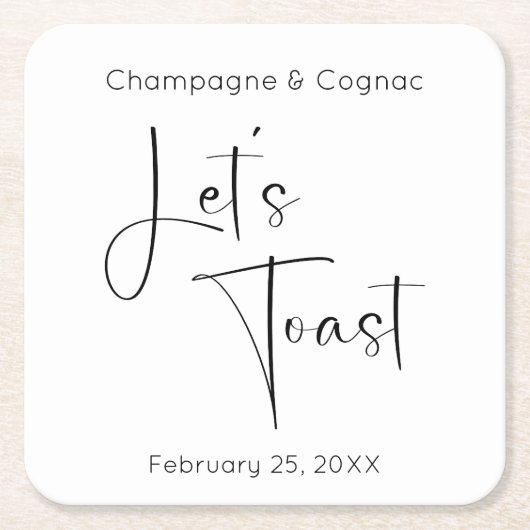 スクリプトモダンレッツトーストウェディングシャワー スクエアペーパーコースター (正面)