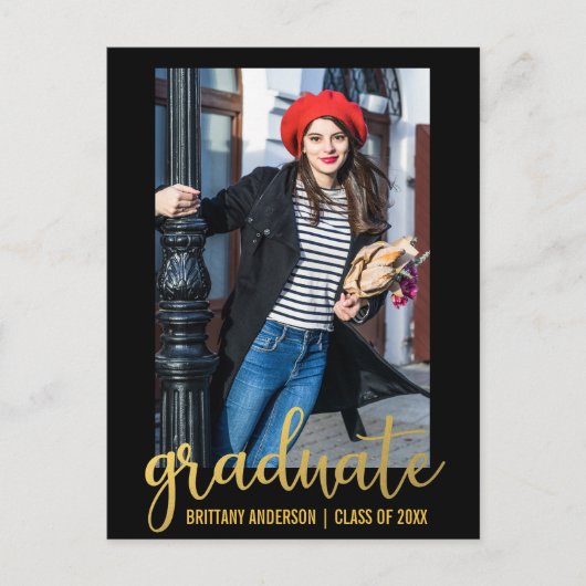 スクリプトモダン卒業パーティ招待状金ゴールド インビテーションポストカード (正面)