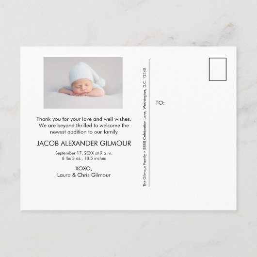 スクリプトモダン男の赤ちゃんの写真に感謝 案内ポストカード (裏面)