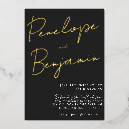 スクリプトモダン白黒金ゴールドエレガントな結婚式 箔招待状