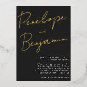 スクリプトモダン白黒金ゴールドエレガントな結婚式 箔招待状 (正面)