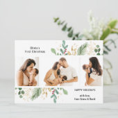 スクリプトモダン金ゴールド緑のベビー初めてのクリスマス シーズンカード (スタンド正面)