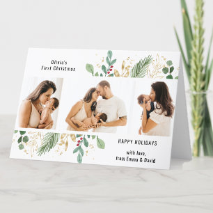 スクリプトモダン金ゴールド緑のベビー初めてのクリスマス シーズンカード