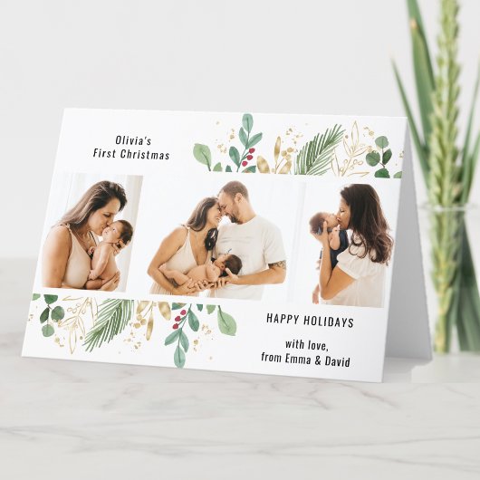 スクリプトモダン金ゴールド緑のベビー初めてのクリスマス シーズンカード