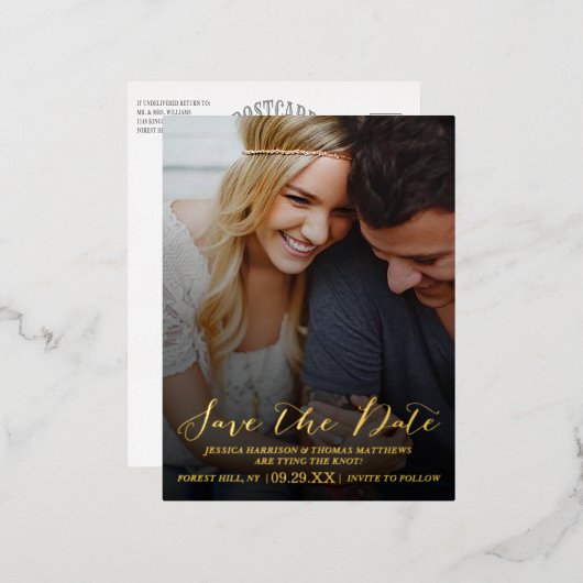 スクリプトモダン |写真カスタム日付の保存実在 箔招待状ポストカード (正面/裏面)