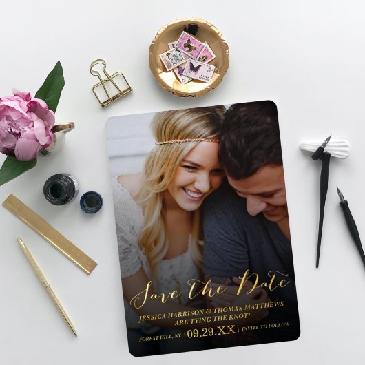 スクリプトモダン |写真カスタム日付の保存実在 箔招待状