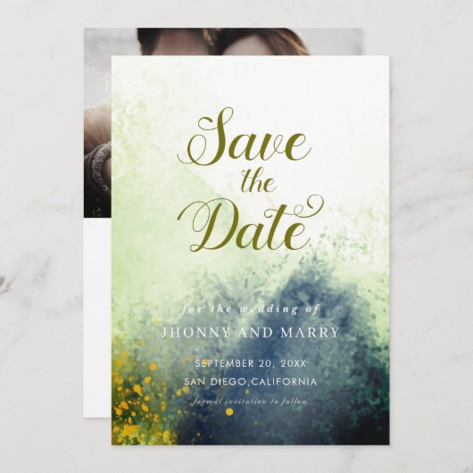 スクリプトモダン |写真カスタム日付カードの保存 招待状 (正面/裏面)