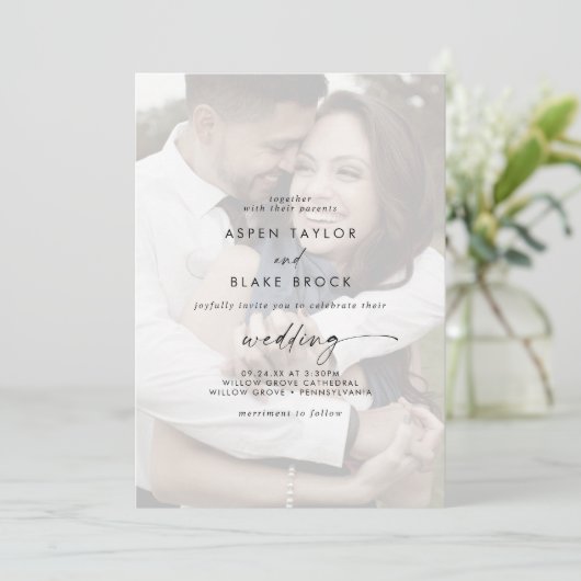 スクリプトモダン |暗い写真の前面と結婚背面 招待状 (スタンド正面)