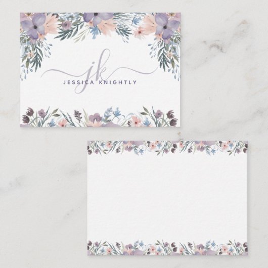 スクリプトモノグラムイニシャル紫フローラ野花 ノートカード (正面/裏面)