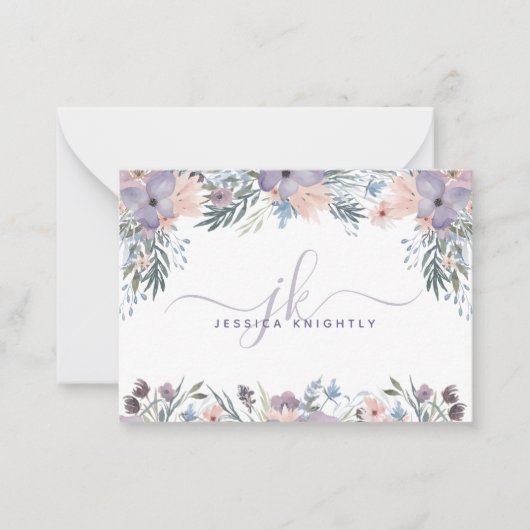 スクリプトモノグラムイニシャル紫フローラ野花 ノートカード (正面)