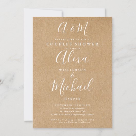 スクリプトモノグラムクラフトカップルズウェディングシャワー 招待状 (正面)