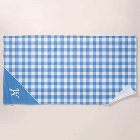 スクリプトモノグラムライトブルーバッファローチェックパターン ビーチタオル (正面)