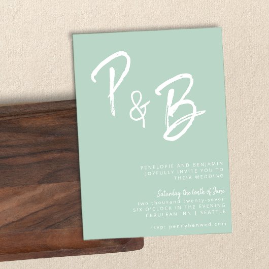 スクリプトモノグラム手書きミントピスタチオ結婚ズ 招待状