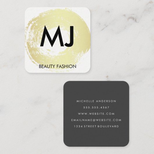 スクリプトモノグラム金ゴールド円形ブラシ スクエア名刺 (正面/裏面)