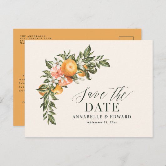 スクリプト優雅な結婚式の柑橘系の植物モダンアン 案内ポストカード (正面/裏面)