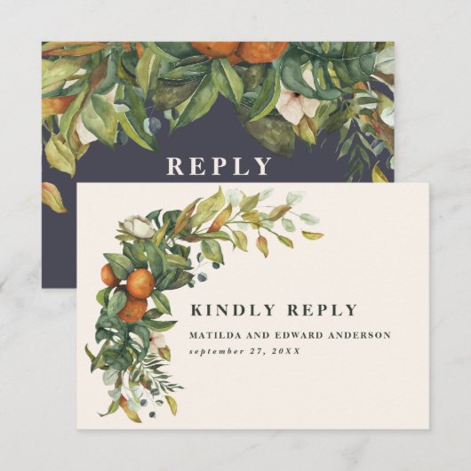 スクリプト優雅な結婚式の柑橘系モダン植物 出欠カード (正面/裏面)
