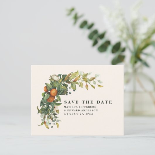 スクリプト優雅な結婚式の柑橘系モダン植物 案内ポストカード (スタンド正面)