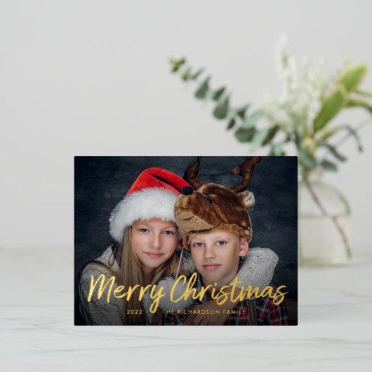 スクリプト化されたクリスマス |写真付きゴールドフォイル 箔シーズンポストカード (立ち正面)